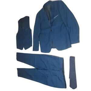 MYS Men's 3 Piece Slim Fit Suit Set One Button Solid Jacket Vest Pants with Tie